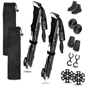 2 Stück Wanderstöcke Faltbar, Nordic Walking Stöcke Verstellbar 110-130cm Trekkingstöcke, Aluminium Teleskop Wanderstock mit Gummipuffer für Herren Damen Trekking, Wandern, Backpacking (Schwarz) - 1