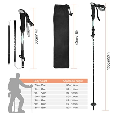 2 Stück Wanderstöcke Faltbar, Nordic Walking Stöcke Verstellbar 110-130cm Trekkingstöcke, Aluminium Teleskop Wanderstock mit Gummipuffer für Herren Damen Trekking, Wandern, Backpacking (Schwarz) - 6