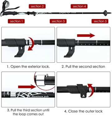 2 Stück Wanderstöcke Faltbar, Nordic Walking Stöcke Verstellbar 110-130cm Trekkingstöcke, Aluminium Teleskop Wanderstock mit Gummipuffer für Herren Damen Trekking, Wandern, Backpacking (Schwarz) - 9