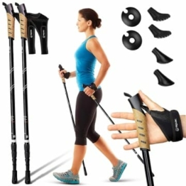 Attrac Nordic Walking Classic Wanderstöcke 69-136cm versch. Farben | Trekkingstöcke Aluminium Stöcke mit Anti-Shock Dämpfung I Teleskop verstellbar & leicht mit Workout und App I Opt. Tragetasche