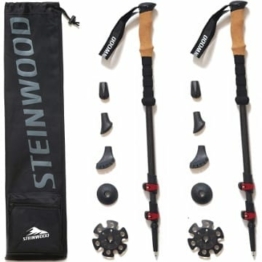Steinwood Premium Carbon Wanderstöcke - Trekkingstöcke - extra leicht, verstellbar mit Teleskop und Klemmverschluss mit extra Gummipuffer und Tragebeutel