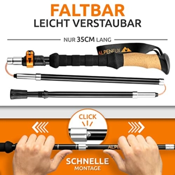 ALPENFUX® Premium Wanderstöcke faltbar, Trekkingstöcke, Nordic Walking Stöcke, leicht und verstellbar mit Klemmverschluss und Korkgriff für Damen und Herren - 3