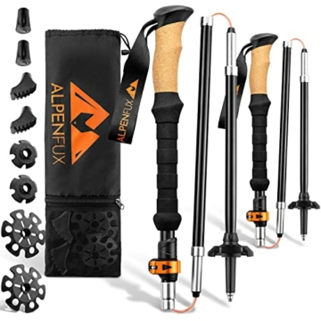 ALPENFUX® Premium Wanderstöcke faltbar, Trekkingstöcke, Nordic Walking Stöcke, leicht und verstellbar mit Klemmverschluss und Korkgriff für Damen und Herren - 1