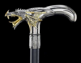 Figuren Shop GmbH Drachen Spazierstock mit Drachenkopf Griff aus Metall | Gothic Steampunk Accessoire Festival Silber- goldfarben - 1