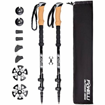 Foxelli Carbon Wanderstöcke – Faltbare leichte stoßdämpfende Stöcke zum Wandern, Trekking, Hiking und Laufen mit Naturkorkgriffen, Flip Locks, 4-Jahreszeiten-/All-Terrain-Zubehör und Tragetasche - 1