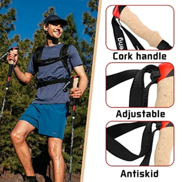 Frasheng Wanderstöcke faltbar Aluminium mit Korkgriff, Trekkingstöcke, Wanderstöcke Nordic Walking Stöcke, Wanderstöcke Teleskop faltbar und verstellbar, mit 4 Paar Gummipuffers für Trekking,135 cm - 5