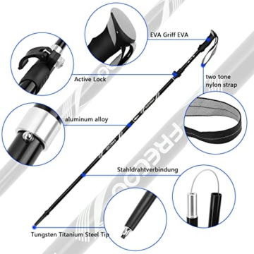 FRECOO Nordic Walking Stöcke, Wanderstöcke Faltbar verstellbar 110-130cm,7075 Aluminium Wanderstock mit Wasserfeste Tasche und 4 Paar Gummipuffer, Wanderstöcke für Trekking, Walking und Wanderungen - 2
