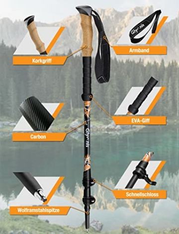 Glymnis Carbon Nordic Walking Stöcke Wanderstöcke verstellbar 65-135cm Trekkingstöcke Klemmverschluss Korkgriff mit 4 Paar Gummipuffers - 3