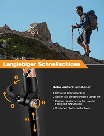 Glymnis Carbon Nordic Walking Stöcke Wanderstöcke verstellbar 65-135cm Trekkingstöcke Klemmverschluss Korkgriff mit 4 Paar Gummipuffers - 4