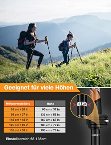 Glymnis Carbon Nordic Walking Stöcke Wanderstöcke verstellbar 65-135cm Trekkingstöcke Klemmverschluss Korkgriff mit 4 Paar Gummipuffers - 5