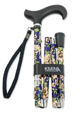 KMINA PRO - Gehstock Klappbar Blau, Gehstock Damen Blumen, Gehstock Herren Elegant, Gehstock Faltbar, Spazierstock Damen, Gehstock Aluminium Höhenverstellbar, Gehstock Blaue Blumen - 1