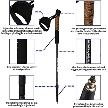 Nordic Walking Stöcke - extrem robust & leicht – Teleskop und verstellbare Trekkingstöcke bis 135cm, Naturkork Griff, Wanderstöcke, Anti-Shock Dämpfung + Tasche + 8 Gummipuffer - 4