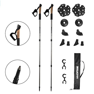 Nordic Walking Stöcke - extrem robust & leicht – Teleskop und verstellbare Trekkingstöcke bis 135cm, Naturkork Griff, Wanderstöcke, Anti-Shock Dämpfung + Tasche + 8 Gummipuffer - 2