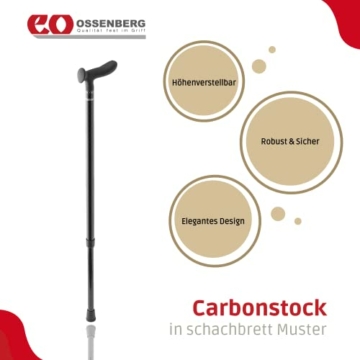 Ossenberg Carbonstock in Schachbrett Muster - schwarz glänzend - mit Cosy Griff - Verstellbarer Carbon Wanderstock - Gehhilfe - Gehstock - hohe Belastbarkeit - extra leicht - 3