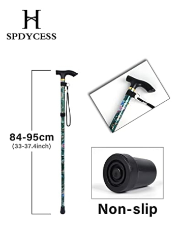 SPDYCESS Klappbarer Gehstock Blume Gemustert Aluminium Einstellbar Spazierstock Leicht Tragbar Reise Wanderstock Ergonomisch rutschfest Griff Alpenstock für Frauen Männer Senioren Faltbare Gehstöcke - 2