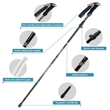 Wanderstöcke Trekkingstöcke Nordic Walking Stöcke 7075 Aluminium Wanderstock Faltbar verstellbar 110-130cm mit 4 Paar Gummipuffers für Trekking (Schwarz) - 2