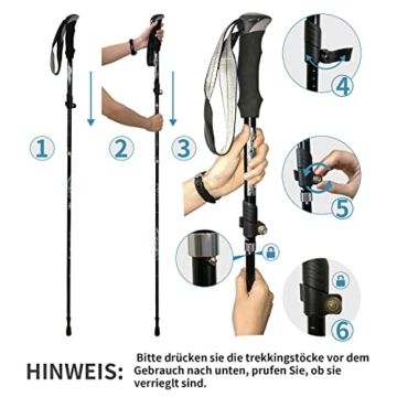 Wanderstöcke Trekkingstöcke Nordic Walking Stöcke 7075 Aluminium Wanderstock Faltbar verstellbar 110-130cm mit 4 Paar Gummipuffers für Trekking (Schwarz) - 7